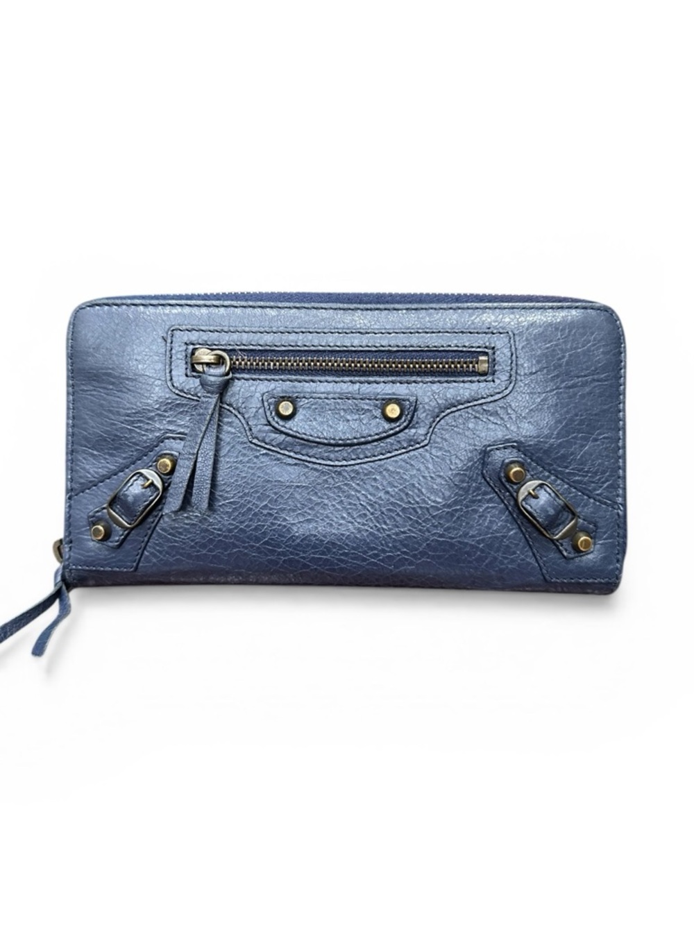 Balenciaga Classic Money Wallet Blue Lambskin Motorcycle Zip Around